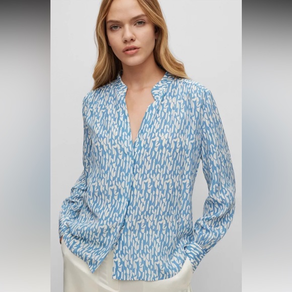 NWT!! HUGO BOSS Regular-Fit Blue + Cream Print Silk Crepe du Chine: SZ 14 - $348 - Picture 7 of 16